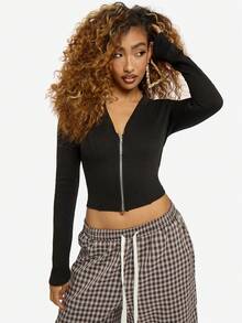 SUMWON WOMEN Cardigan negru, crop, cu mânecă lungă, cu fermoar și decolteu în V, model striat, toamnă-iarnă - Negru - Vizualizare 1