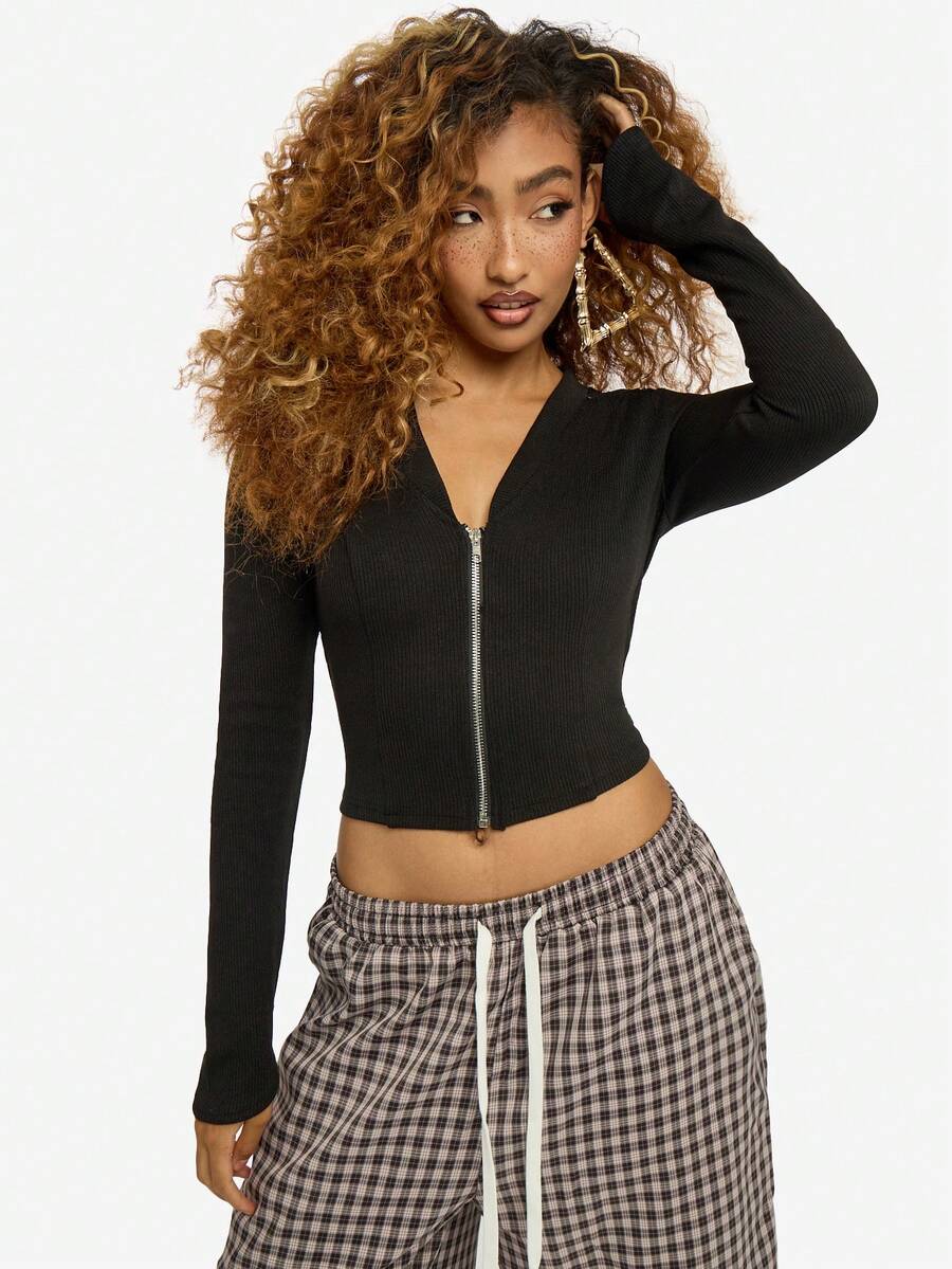 SUMWON WOMEN Cardigan negru, crop, cu mânecă lungă, cu fermoar și decolteu în V, model striat, toamnă-iarnă - Negru - Vizualizare 1