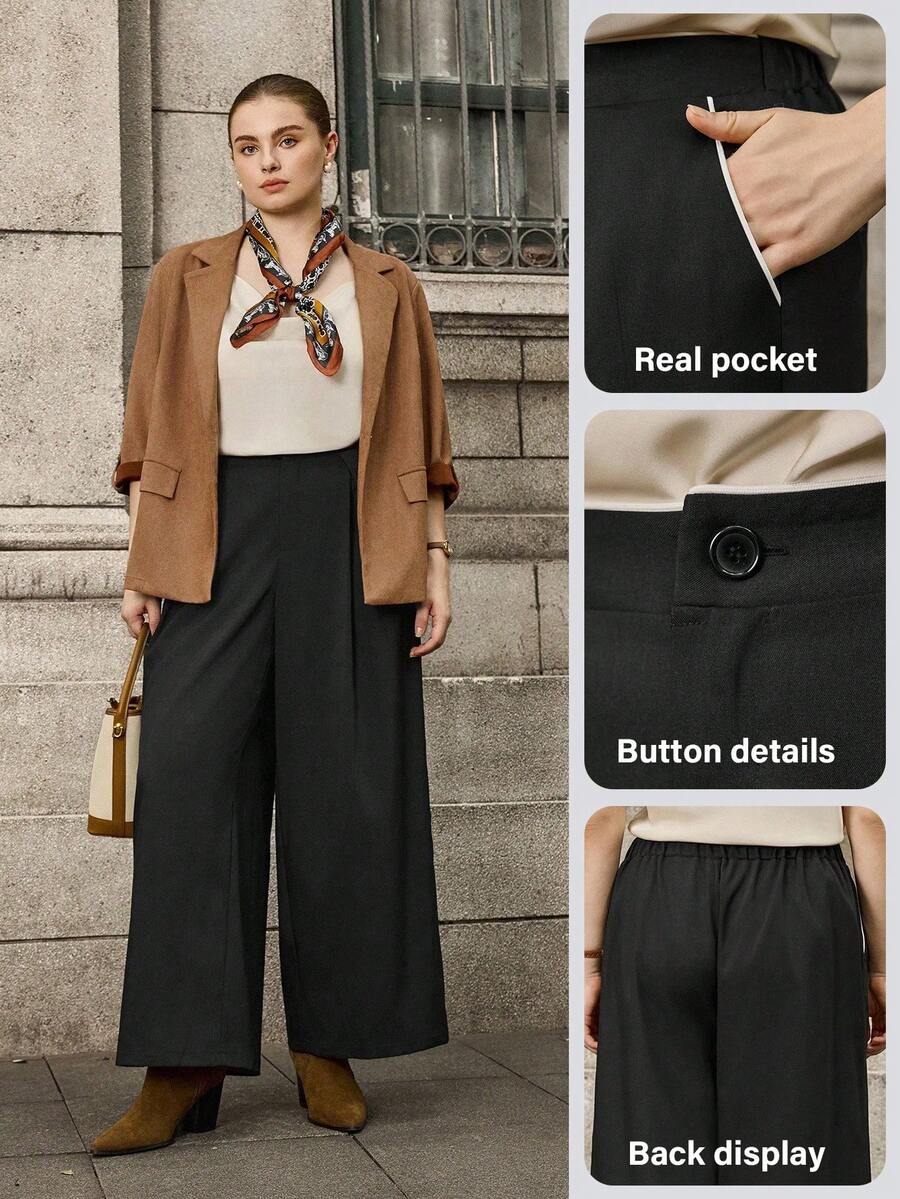SHEIN LUNE Plus Size Women's Straight Leg Pants, Slimming, High Waist, Casual, Versatile - Black - View 1