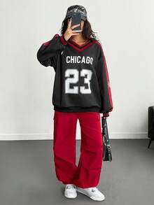 Teen Girls Colorblock Numeric Print Long Sleeve Knit Sweatshirt And Side Pocket Drawstring Cargo Pants 2-Piece Set, Casual Active Outfit - Multicolor - View 4