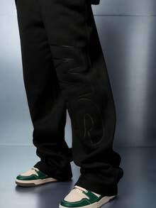 SUMWON WOMEN 宽松运动裤，侧面有标志细节，舒适阔腿慢跑裤，秋冬舒适休闲裤，松紧腰身，街头时尚 - 黑色 - 查看 3