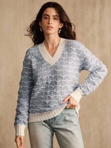 Anewsta 女士浅蓝色纹理毛衣，冬季时尚设计 - 淺藍色 - 查看 5