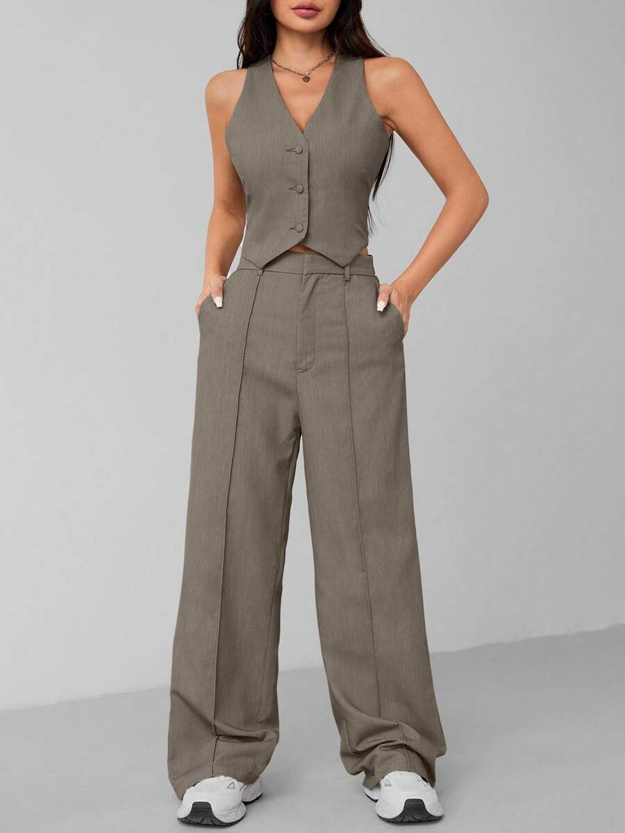 SHEIN PETITE 女士单排扣背心和裤子正式商务套装，夏季秋冬 - 摩卡棕 - 查看 1