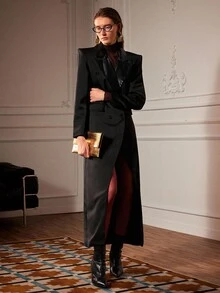 Chiquease Women's Black Woven Straight Long Blazer Jacket, Suitable For Commuting, Autumn/Winter - Black - View 6