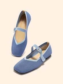 CUCCOO BASICS 女士红色条纹金属扣平底鞋 - 藍色 - 查看 4