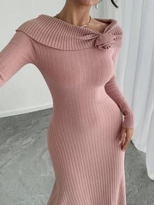 DAZY Off Shoulder Vintage Sweater Dress, Slimming Effect, Autumn/Winter New Arrival - Pink - View 8