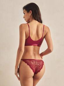 Charlaine Women's Elegant Sexy Solid Color Lace Lingerie Set Red Bra And Panty Set Burgundy Lingerie Set - Burgundy - View 3