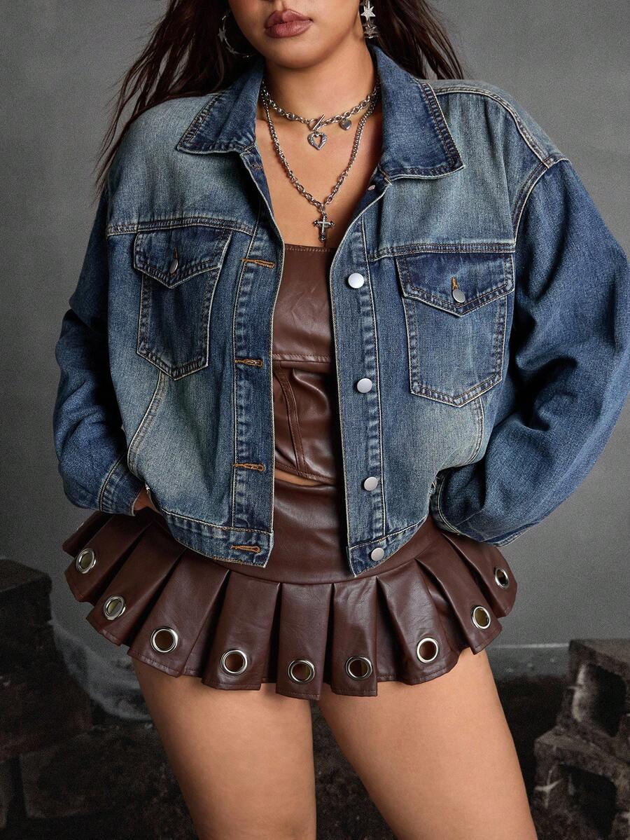 Jeanoix 大码朋克牛仔夹克 - 藍色 - 查看 1