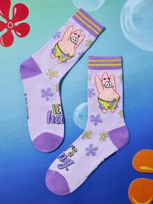 SpongeBob SquarePants | SHEIN 4 双可爱卡通女士柔软透气吸湿排汗中筒袜时尚休闲中筒袜加固脚趾和脚跟耐用四季百搭夏季冬季，Patrick，Squidward，Sandy - 彩色 - 查看 7