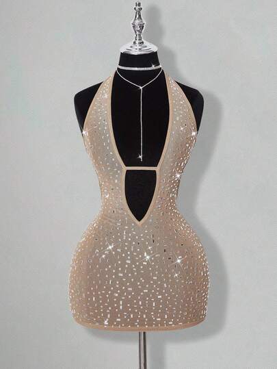 SHEIN ICON Women's Apricot Deep V Rhinestone Sheer Backless Mini Dress, Sexy For Party And Events,Dresses For Women Party