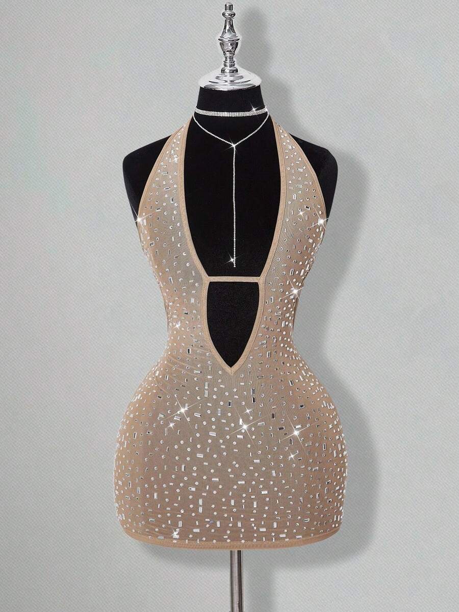 SHEIN ICON 女式杏色深 V 领水钻透视露背迷你连衣裙，性感派对和活动适用 - 杏色 - 查看 1