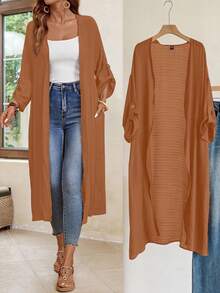 EMERY ROSE Plus Size Women Casual Loose Solid Color Jacket, Versatile For Daily Wear Winter Fall Autumn - Khaki - View 7