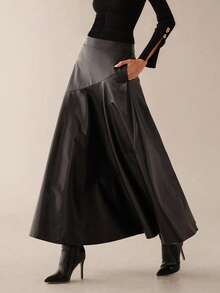 Lilora Women Casual/Office Wear Solid Color PU Leather Long Skirt Black Faux Full Asymmetrical Modest Outing For , Office Ladies, - Black - View 3