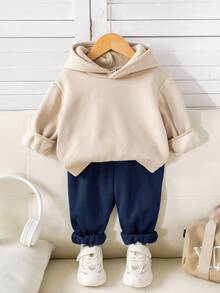 SHEIN مجموعة ملابس طفل ولد 2 قطعة، سترة هوديي مطبوع عليها رسومات حرفية جميلة + بنطلون جوجر أخضر، ملابس أطفال مناسبة للخريف والشتاء