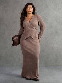 Elaquor Plus Size Women Solid Color Criss-Cross Wrap Long Sleeve Knit 2 Pieces Set - Camel - View 5