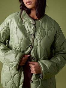 MISSGUIDED 女士绗缝轻便夹克优雅超大号棉服外套冬季秋季外套纽扣前部奢华品牌 M 标志休闲时尚街头服饰 - 軍綠色 - 查看 5