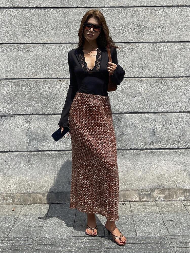 Elegant Brown Straight Skirt, Casual & Formal Wear, Sparkling Sequins Decor, Suitable For Party, Wedding, Banquet, Spring/Autumn New Years