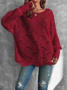 EMERY ROSE Women's Casual Solid Color Round Neck Drop Shoulder Sweater, Autumn/Winter - Burgundy - View 3