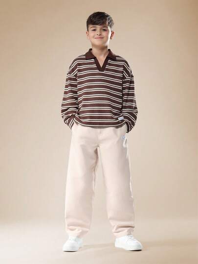 SUMWON Conjunto a juego de polo acanalado con rayas y pantalones chinos para otoño e invierno, conjunto casual de dos piezas con estilo preppy para uso diario, atuendo inteligente y casual, ropa de vacaciones