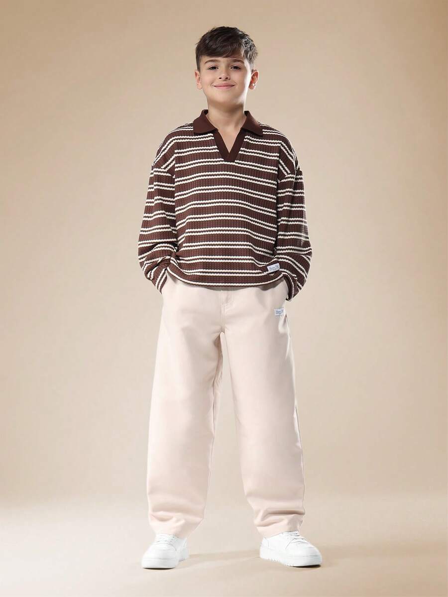 SUMWON Textured Striped Polo Co-Ord Set With Chino Pants Autumn Winter Casual Tween Outfit Daily Wear Two Piece Set Preppy Style Casual Smart Outfit Holiday Wear - Brown - View 1