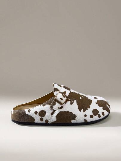 Solecia Sandali da uomo con stampa di mucca, punta tonda e stile scivolato