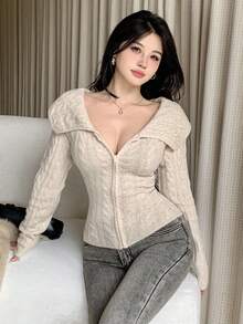 DAZY 女士超大领口开衫、短款休闲针织毛衣 - 杏色 - 查看 4