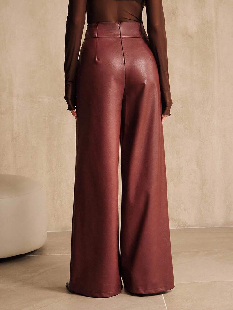 Women's High Waist Wide Leg PU Leather Pants, Burgundy, Business Casual New Style For Halloween, Autumn/Winter