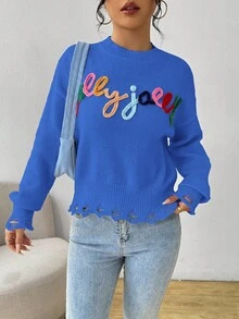 SHEIN LUNE 女士休闲字母刺绣毛衣，秋冬 - 寶藍色 - 查看 5