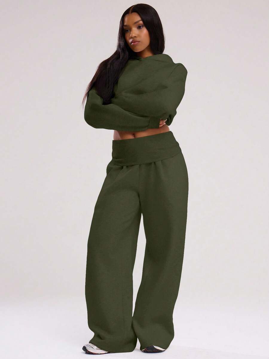 MUSERA 超宽腿翻折腰裤，休闲机场秋季复活节穿搭 - 軍綠色 - 查看 1