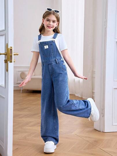 SHEIN Tween Girl Y2k Fashion Casual Patch Details Design Basic Simple Comfort Soft Holiday Denim Overalls For Girls Soft Dailywear And Tween Girl Summer And Spring Clothes Fall Winter