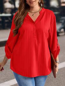 EMERY ROSE Plus Size Solid Color Notched Neck Roll Up Sleeve Casual Blouse ,Winter Clothes V Neck Blouses For Women Red Shirt Plus Size - Red - View 4