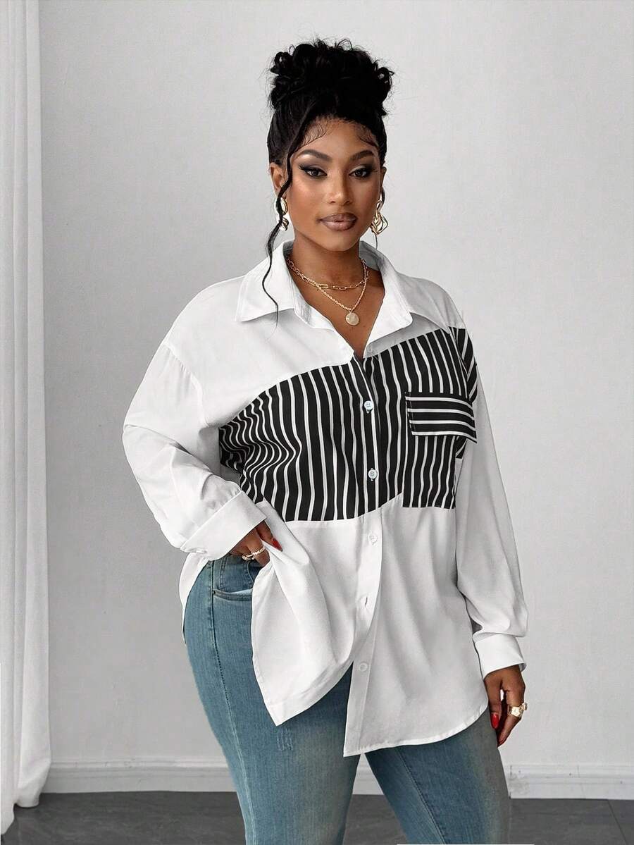 Maweii Plus Size Women's Long Sleeve Striped Casual Blouse