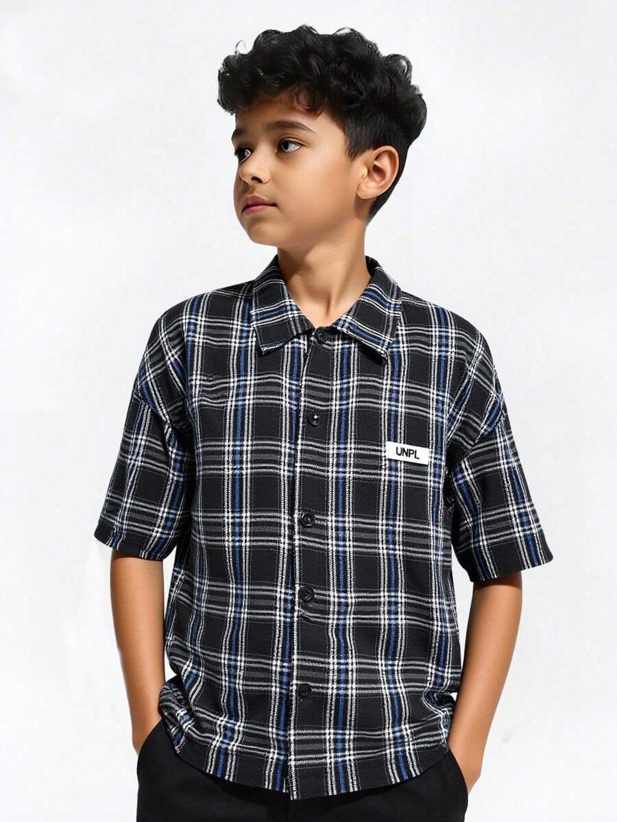 SHEIN Explorewe 1pc Boys' Classic Plaid Drop Shoulder Single-Breasted Lapel Formal Shirt, Spring/Summer