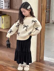 DAZY 女童圆领蝴蝶印花毛衣，秋装 - 米色 - 查看 2