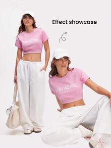 Eassivo Eassivo Camiseta corta de cuello redondo casual y deportiva con estampado para mujer - Rosa - Ver 3