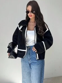 Firerie Abrigo elegante de manga larga con falso pelo y contraste de color para mujer