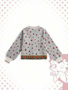 Betty Boop | ROMWE Áo khoác cardigan cài nút họa tiết hình trái tim, ngôi sao và hình người Y2K dành cho nữ - Màu be - Xem 2