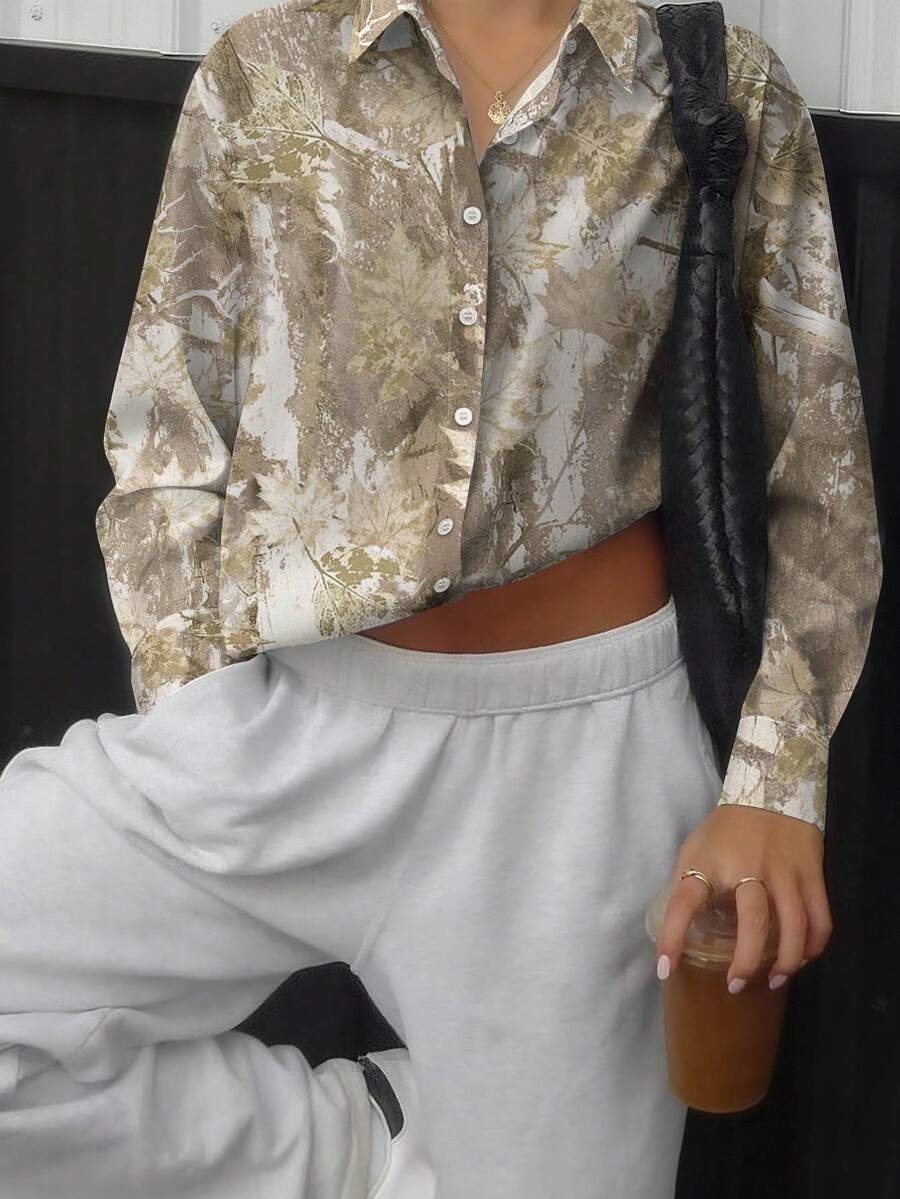 SHEIN 树叶印花休闲宽松长袖女式衬衫 - 彩色 - 查看 1