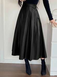 DAZY 女士优雅纯色百褶A字裙，秋季皮裙，冬季女裙 - 黑色 - 查看 4