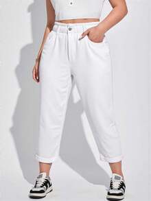 SHEIN ICON 加大尺碼女士休閒錐形牛仔褲，褶邊修邊及腰內袋設計