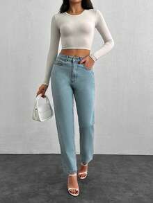 Cottnline Quần jean ống suông cho mẹ bầu 100% cotton - Rửa nhẹ - Xem 3