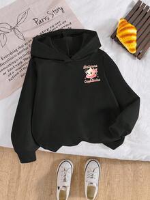 SHEIN Playful Pals 女童休闲时尚可爱趣味芭蕾舞者卡布奇诺图案印花卫衣，黑色，适合日常、户外、运动和上学穿着，秋冬季节。 - 黑色 - 查看 2