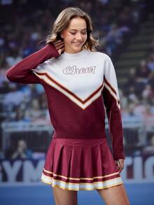 SHEIN Sports Women's Letter Striped Crew Neck Loose Fit Casual Sweater, Cheerleader Outfit - Red - View 3