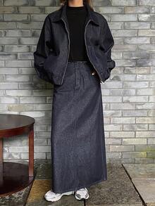DAZY Women's Denim Jacket With Collar & Waist Cinching, And Long Denim Skirt, Casual Denim Set - Dark Wash - View 3