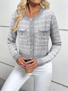 EMERY ROSE 女式格子长袖金属单排扣休闲针织开衫，秋季 - 灰色 - 查看 6