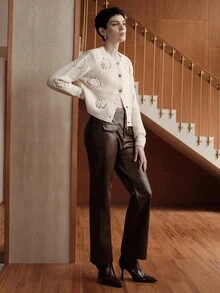 Uhlyne Uhlyne Áo len cardigan dáng ôm màu be, cổ tròn, tay dài, tay lỡ, phong cách Pháp, lãng mạn, tối giản, thanh lịch, thoải mái, thường ngày, đa năng, thủ công 3D, phù hợp cho mùa thu/đông - Màu be - Xem 8