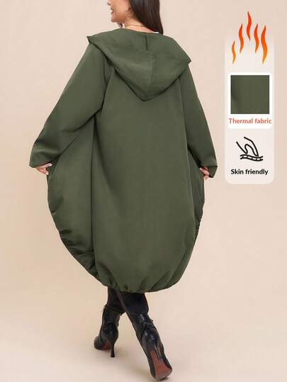 Comfylo Plus Size Casual Solid Color Hooded Jacket In Fall/Winter Long Windbreaker With Waist Cincher, Autumn/Winter,Fall,Business Casual,Office Outfits,Work,Teacher, Solid Color Jacket, Fabric,Going Out Outfits,Lightweight Sport Jacket With Hood, Zip Up Long Sleeve Loose Fit With Pockets,Suitable For Outdoor Hiking,Rainy Day Hooded Rain Jacket Women Outdoor Jacket