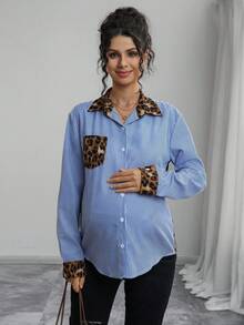 Momance Chemise de maternité à manches longues, col chemise, fermeture à boutons devant, patchwork léopard et rayé