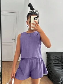 Set de 2 piezas de top de tirantes con lazo en la espalda y shorts de tela texturizada informal para niñas preadolescentes - Púrpura polvoriento - Ver 4