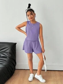 Set de 2 piezas de top de tirantes con lazo en la espalda y shorts de tela texturizada informal para niñas preadolescentes - Púrpura polvoriento - Ver 5